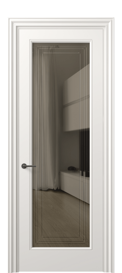 Межкомнатная дверь Маскот 8400 Матовый пудровый белый Прозрачное бронзовое стекло с гравировкой "Грани", триплекс Цена 82499 ₽ | Volhovec