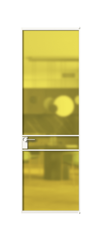 Алюминиевая дверь АЛПЛ040.02 Алюминий Белый Сатинированное жёлтое стекло, триплекс Цена 120130  | Volhovec