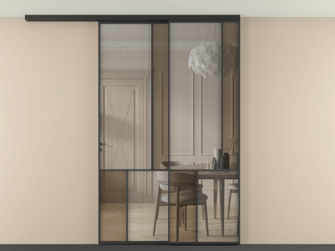 Перегородка Mosaic вдоль стены на потолок 2 створки с синхронным механизмом АЛПР 041.21 Алюминий Черный Декоративное стекло с сеткой "Mesh silver", триплекс, 6 мм + Прозрачное бронзовое стекло, триплекс. Скрытый короб ЧЕР Цена 341520 ₽ . Фабрика дверей Волховец 8 (800) 551 43 19 Перегородка Mosaic вдоль стены на потолок 2 створки с синхронным механизмом АЛПР 041.21 Алюминий Черный Декоративное стекло с сеткой "Mesh silver", триплекс, 6 мм + Прозрачное бронзовое стекло, триплекс Цена 341520 ₽ | Volhovec