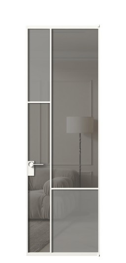 Дверь межкомнатная АЛПЛ041.13 БЕЛ Серый сатин матовое + Серый прозрачное. Цвет Алюминий Белый. Материал Алюминий. Коллекция Мозаик. Картинка.