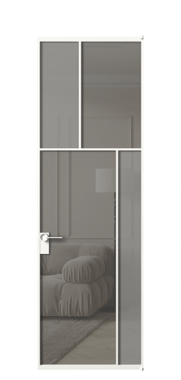 Дверь межкомнатная АЛПЛ041.23 БЕЛ Серый сатин матовое + Серый прозрачное. Цвет Алюминий Белый. Материал Алюминий. Коллекция Мозаик. Картинка.