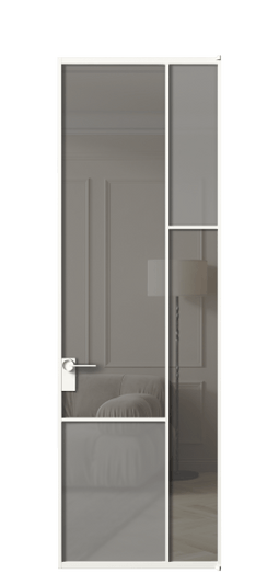 Дверь межкомнатная АЛПЛ041.12 БЕЛ Серый сатин матовое + Серый прозрачное. Цвет Алюминий Белый. Материал Алюминий. Коллекция Мозаик. Картинка.