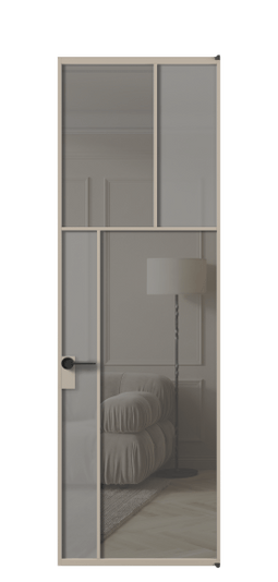 Дверь межкомнатная АЛПЛ041.22 АБСК Серый сатин матовое + Серый прозрачное. Цвет Алюминий бисквитный. Материал Алюминий в эмали. Коллекция Мозаик. Картинка.